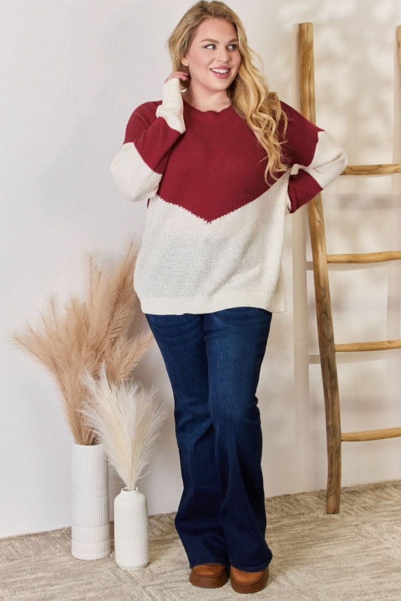 Hailey & Co Full Size Color Block Dropped Shoulder Knit Top - Love Salve 