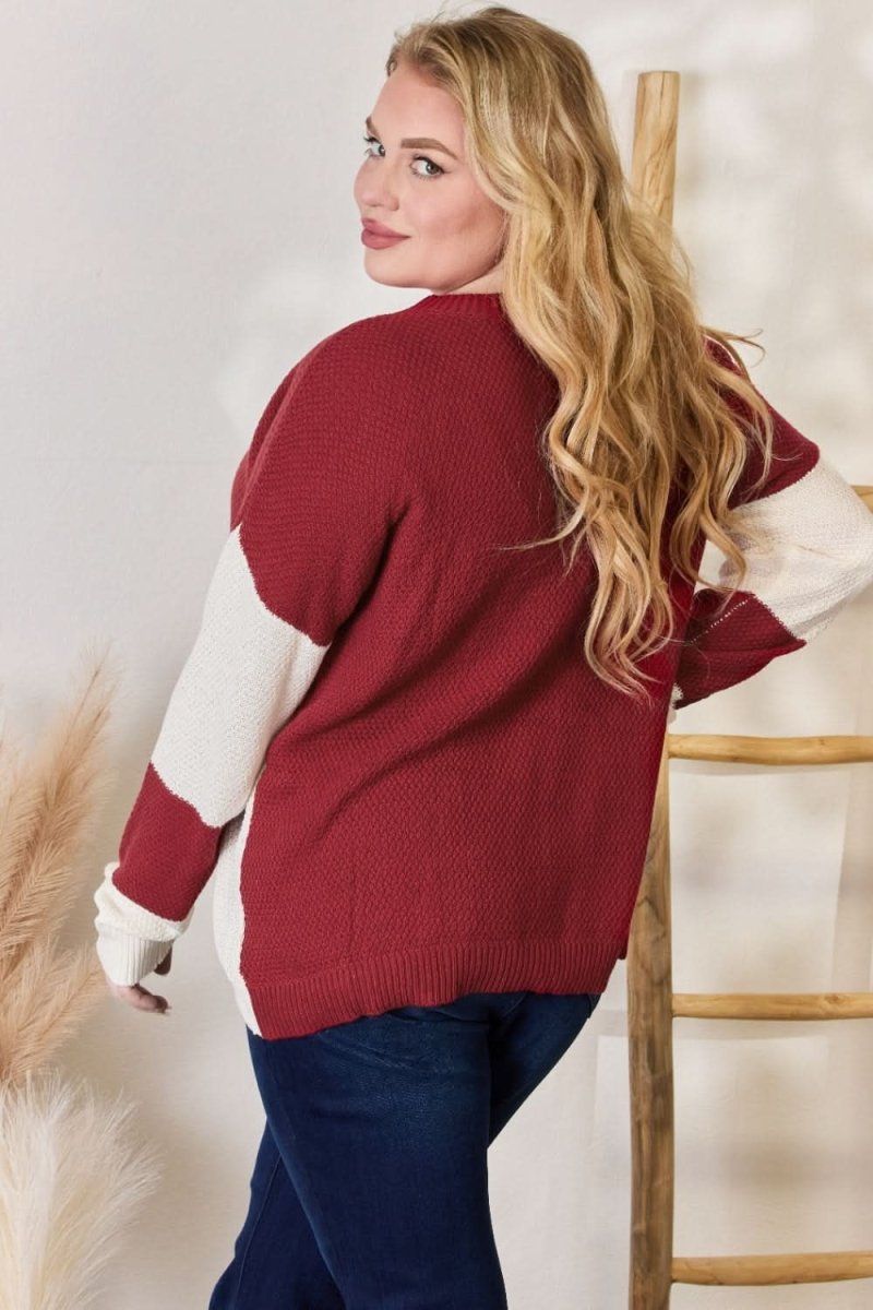 Hailey & Co Full Size Color Block Dropped Shoulder Knit Top - Love Salve 