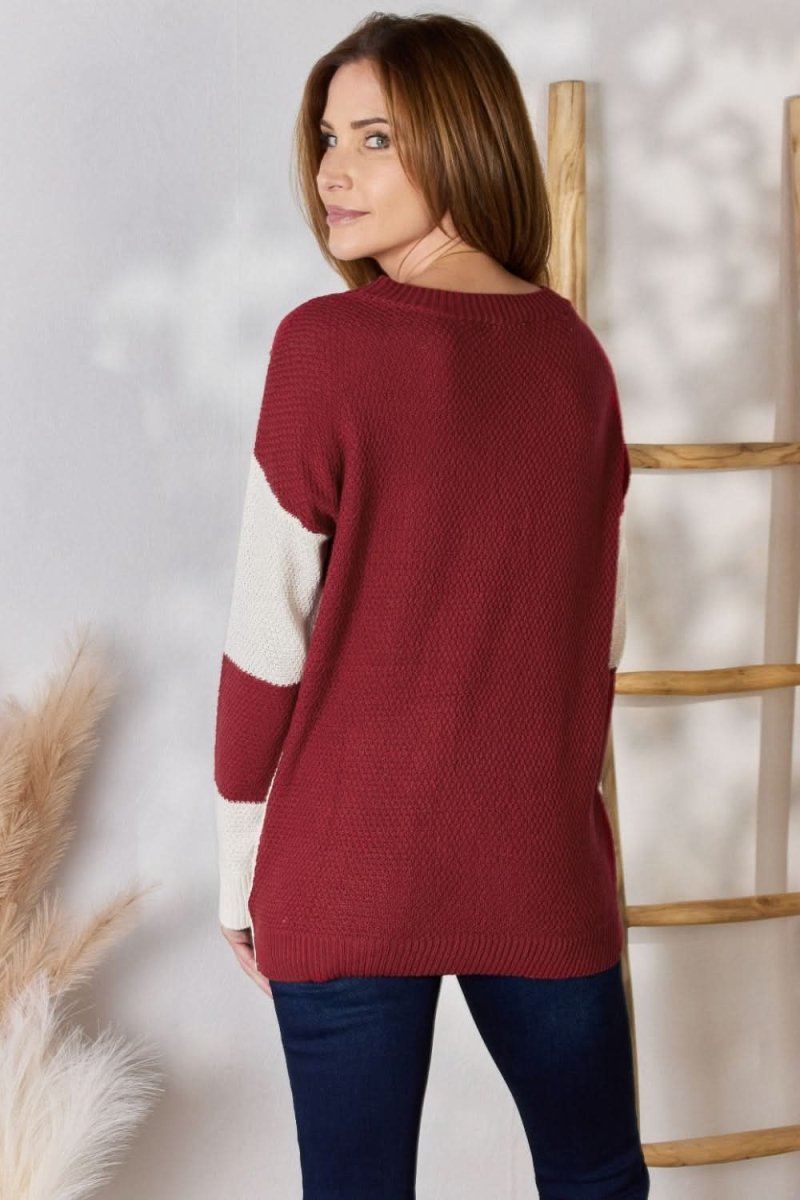 Hailey & Co Full Size Color Block Dropped Shoulder Knit Top - Love Salve 