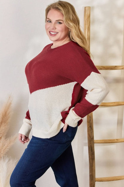 Hailey & Co Full Size Color Block Dropped Shoulder Knit Top - Love Salve 