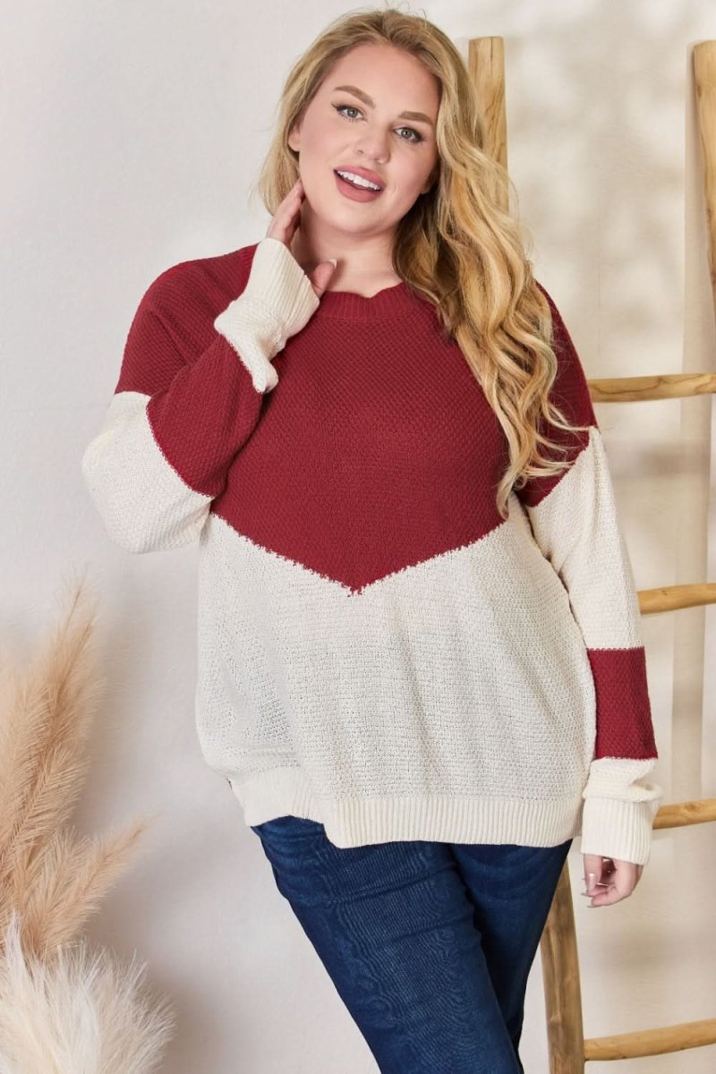Hailey & Co Full Size Color Block Dropped Shoulder Knit Top - Love Salve 