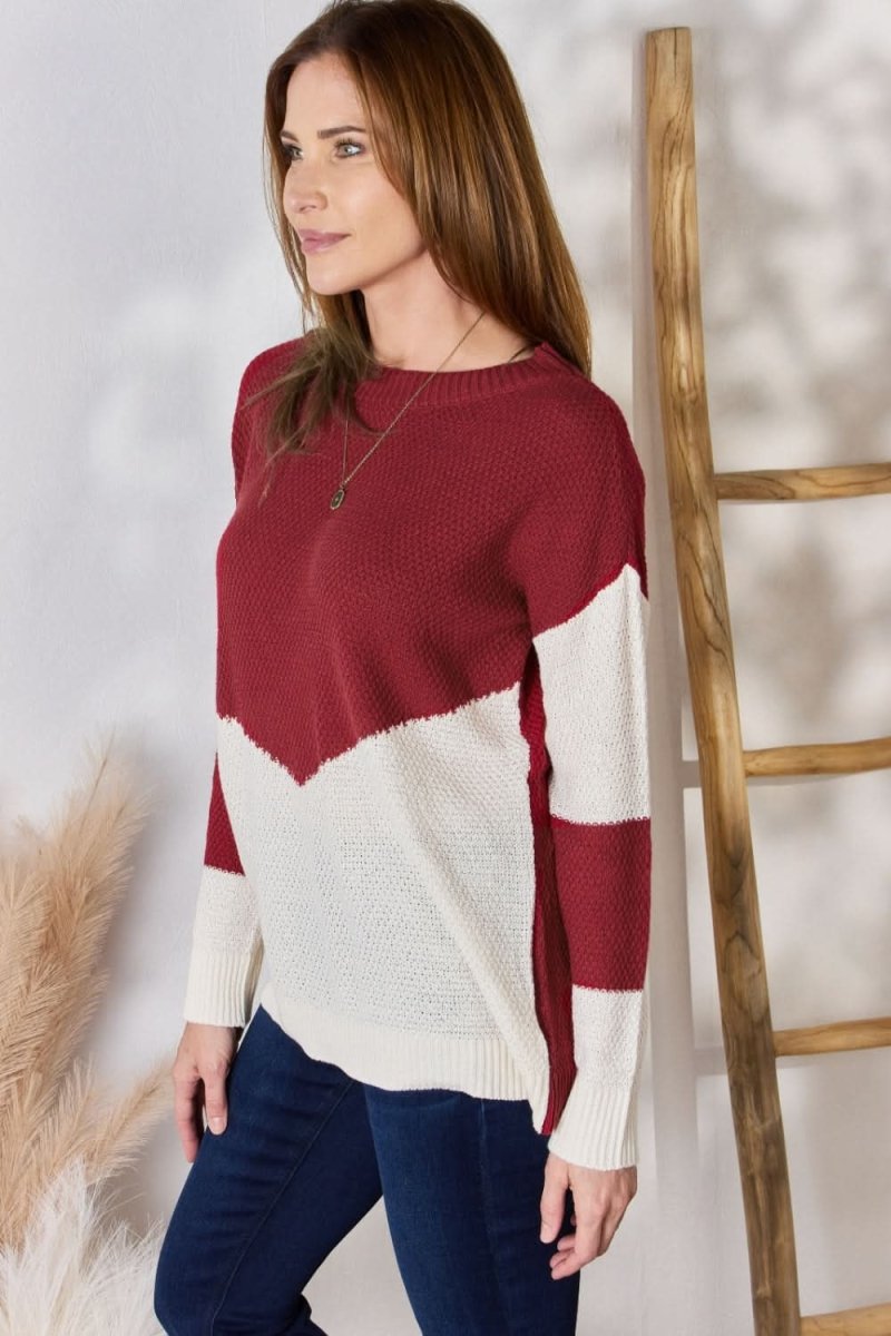 Hailey & Co Full Size Color Block Dropped Shoulder Knit Top - Love Salve 