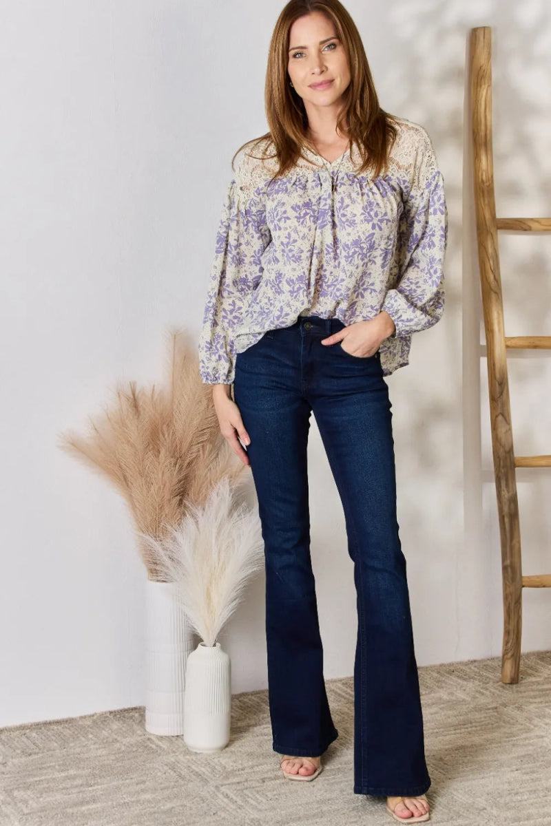 Hailey & Co Full Size Lace Detail Printed Blouse for Women - Love Salve 
