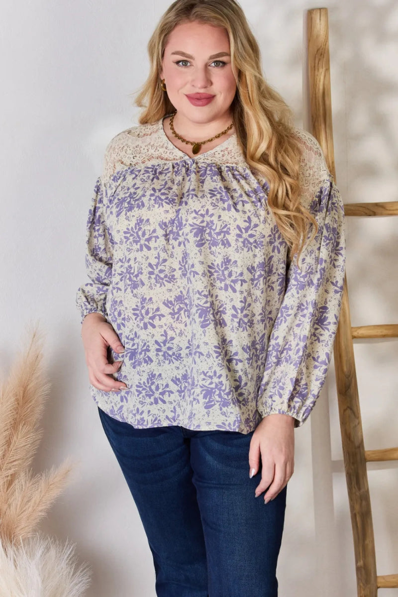 Hailey & Co Full Size Lace Detail Printed Blouse for Women - Love Salve 