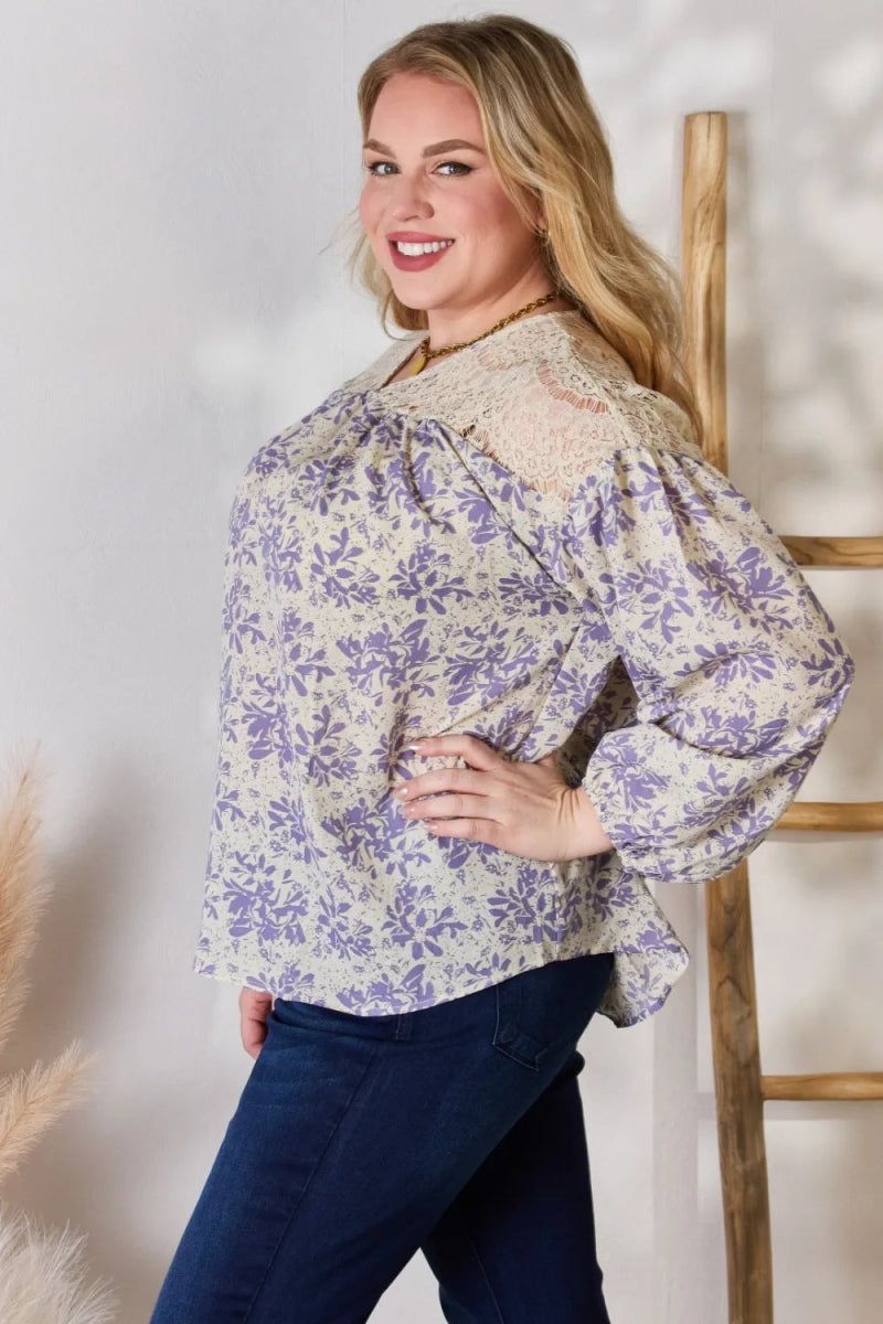 Hailey & Co Full Size Lace Detail Printed Blouse for Women - Love Salve 