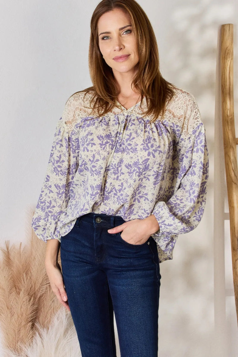 Hailey & Co Full Size Lace Detail Printed Blouse for Women - Love Salve 