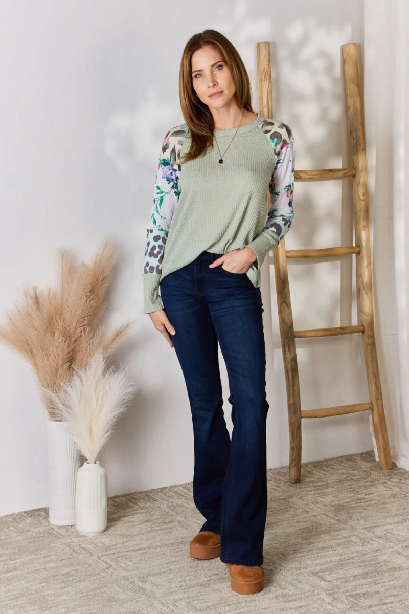 Hailey & Co Full Size Printed Round Neck Blouse for Women - Love Salve 