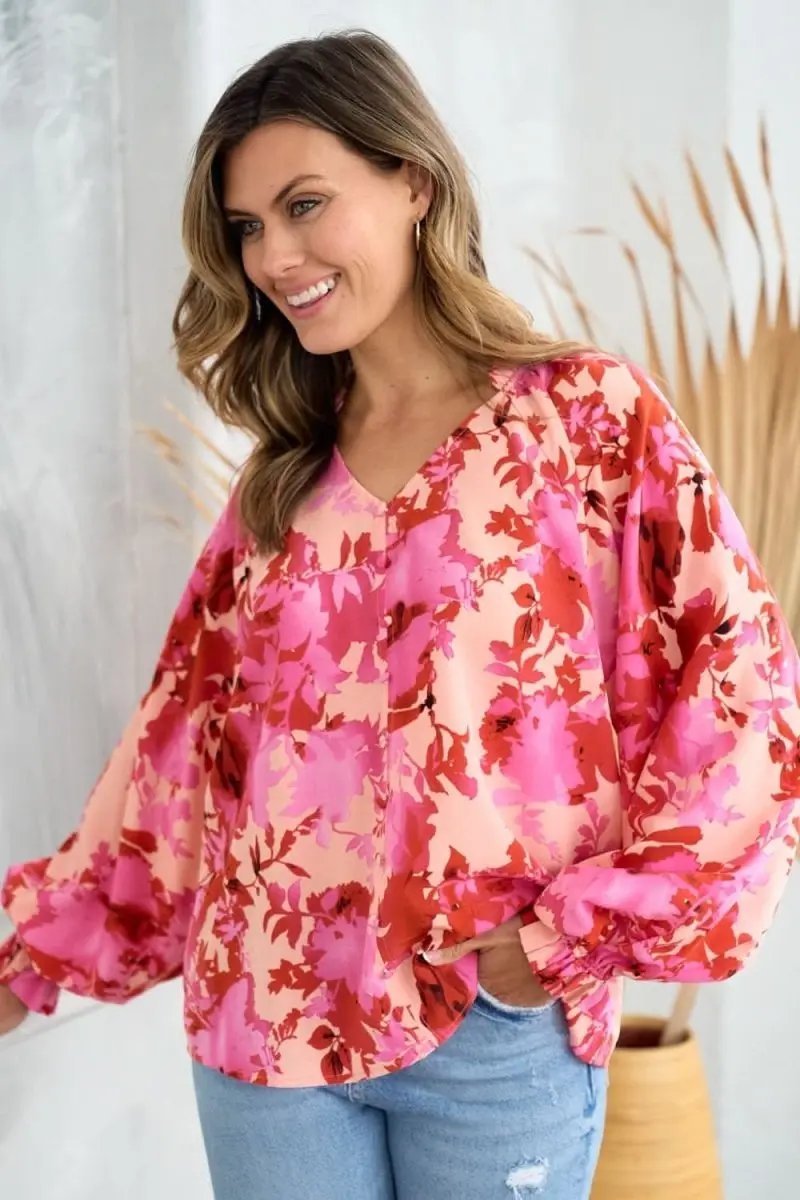 Hailey & Co Ruffle V-Neck Decor Button Floral Blouse - Love Salve 