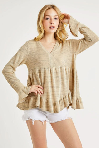 Hailey & Co V-Neck Flounce Sleeve Knit Top - Love Salve 