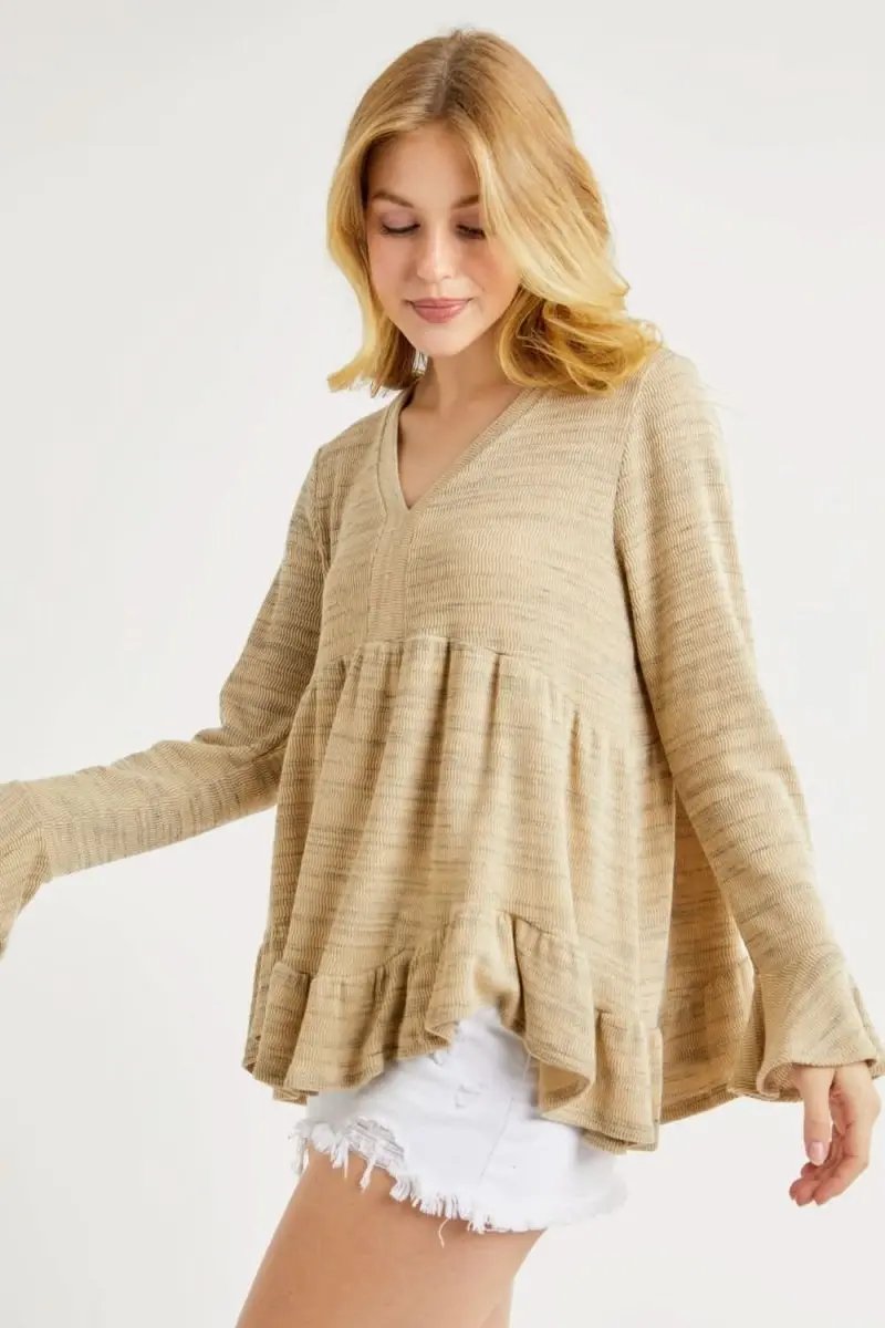 Hailey & Co V-Neck Flounce Sleeve Knit Top - Love Salve 