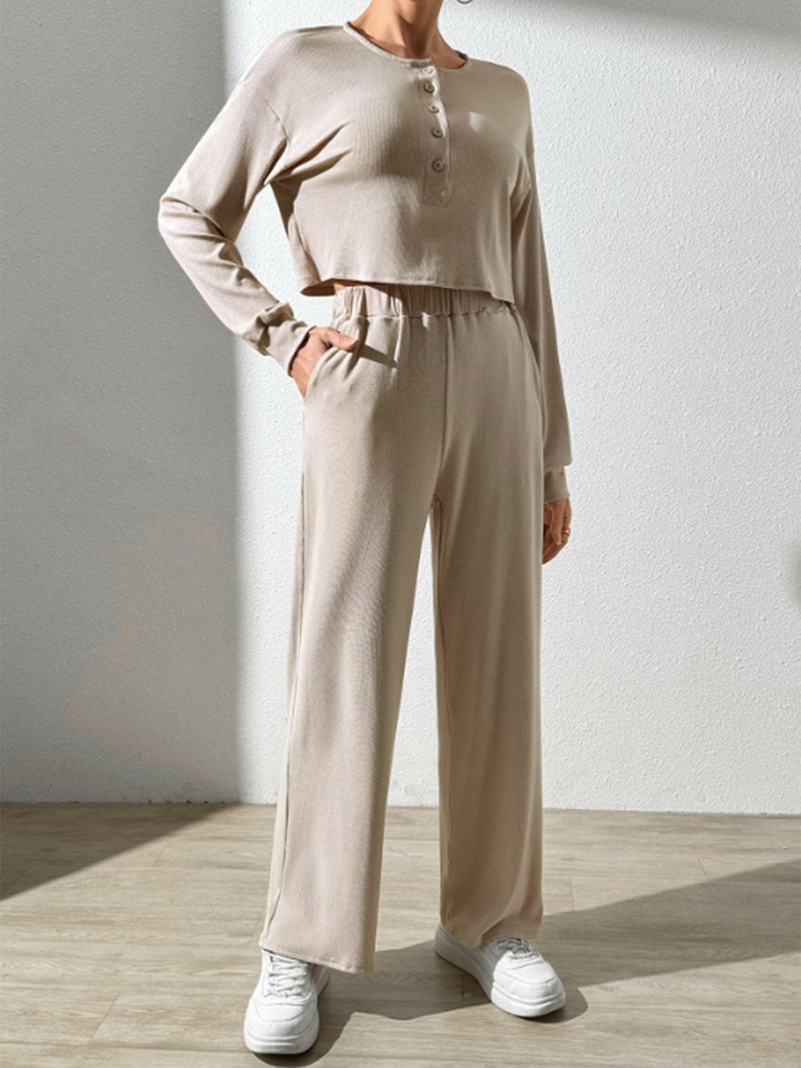 Chic cozy long sleeve lounge set with button-up design and pockets.