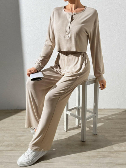 Cozy Button-Up Lounge Set with Long Sleeve Top and PantsStay Cozy in Style with our Button-Up Lounge Set
 
 Features a classic button-up design and convenient pockets
 Includes a long sleeve top and comfortable pants for Love Salve Long Sleeve Topjust arrived