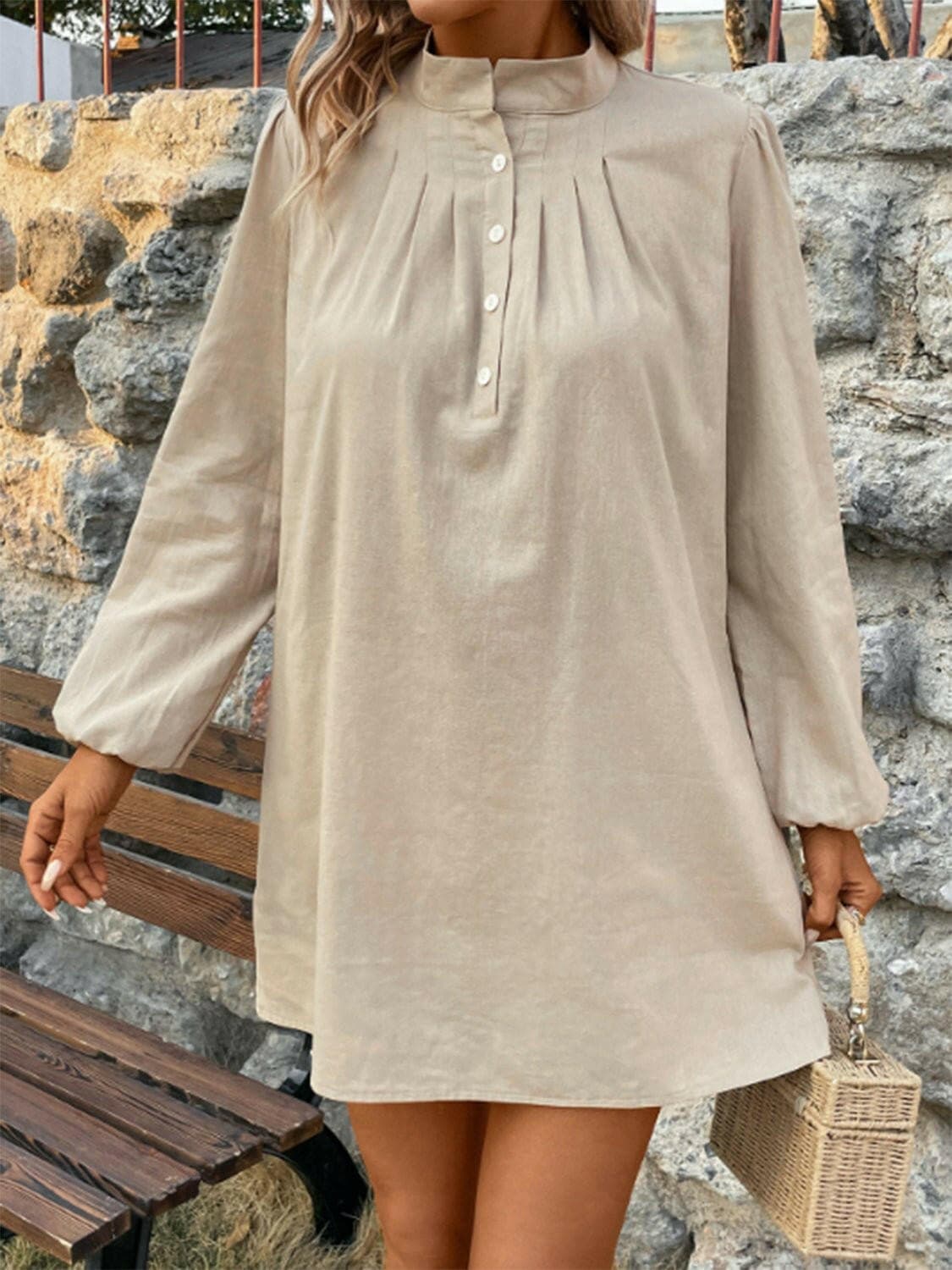 Half Button Mock Neck Long Sleeve Mini Shirt Dress - Love Salve