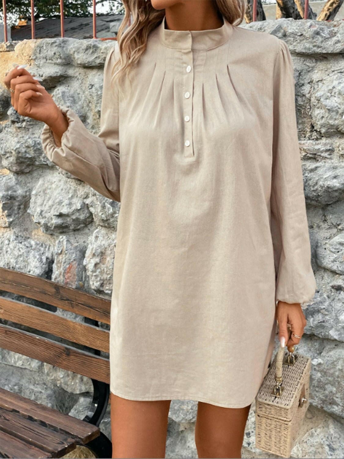 Half Button Mock Neck Long Sleeve Mini Shirt Dress - Love Salve