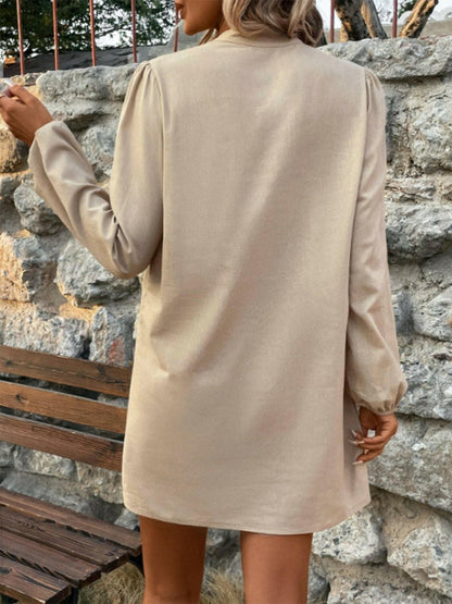 Half Button Mock Neck Long Sleeve Mini Shirt Dress - Love Salve