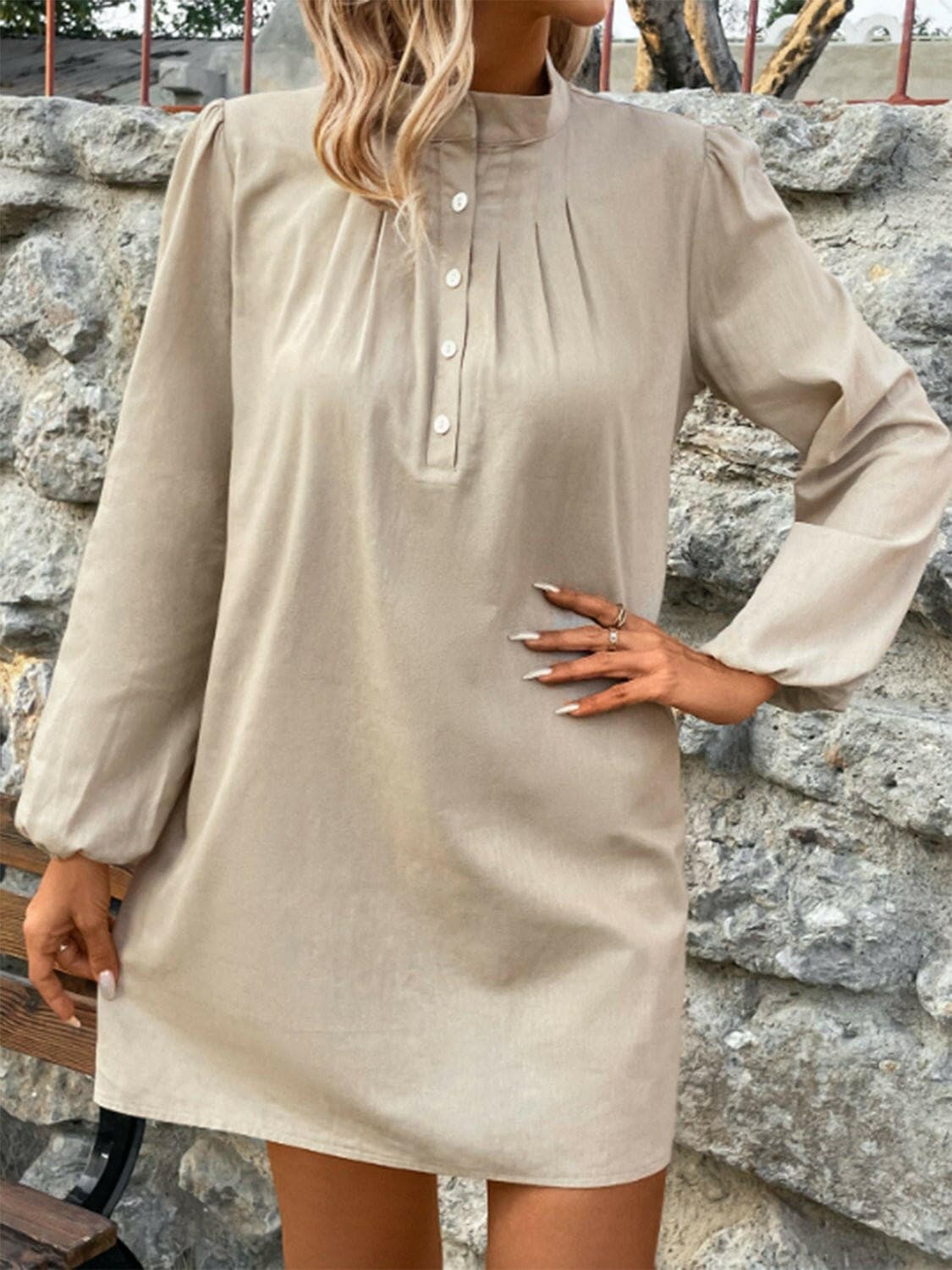 Half Button Mock Neck Long Sleeve Mini Shirt Dress - Love Salve