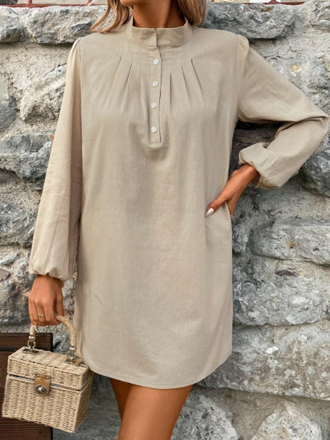 Half Button Mock Neck Long Sleeve Mini Shirt Dress - Love Salve