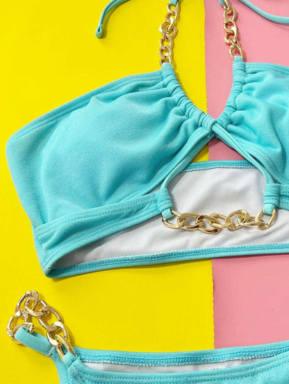 Halter Neck Chain Detail Two-Piece Bikini Set - Love Salve