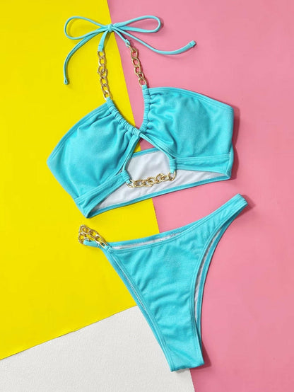 Halter Neck Chain Detail Two-Piece Bikini Set - Love Salve