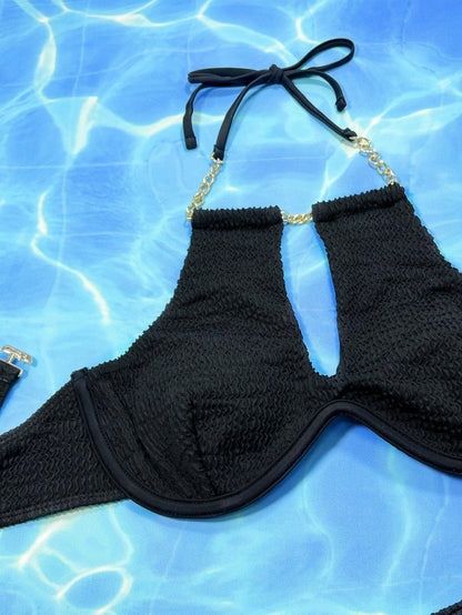 Halter Neck Chain Detail Two-Piece Bikini Set - Love Salve