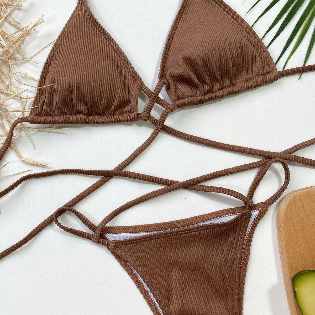 Halter Neck Crisscross Ribbed Bikini Set - Love Salve