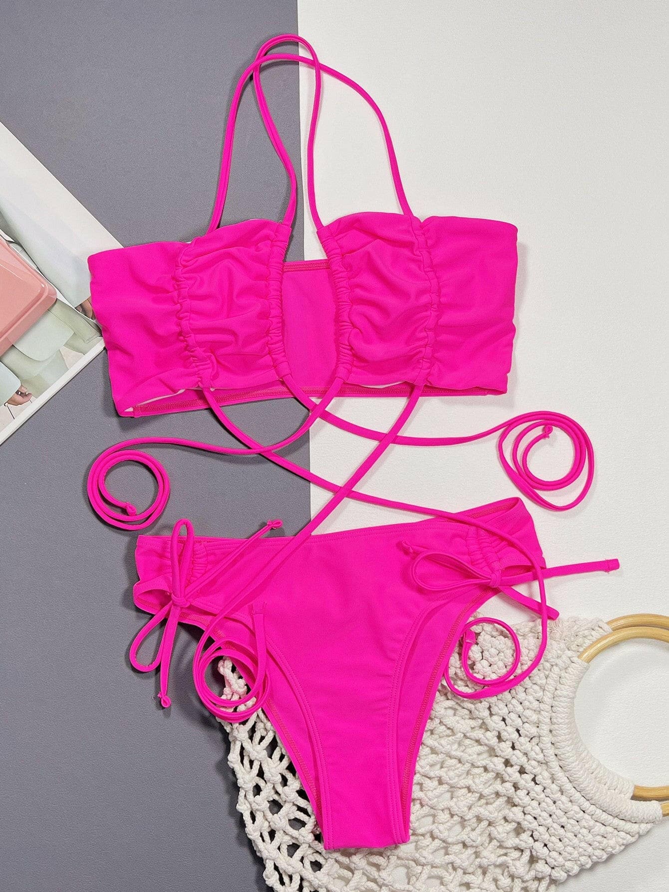 Halter Neck Drawstring Detail Bikini Set - Love Salve