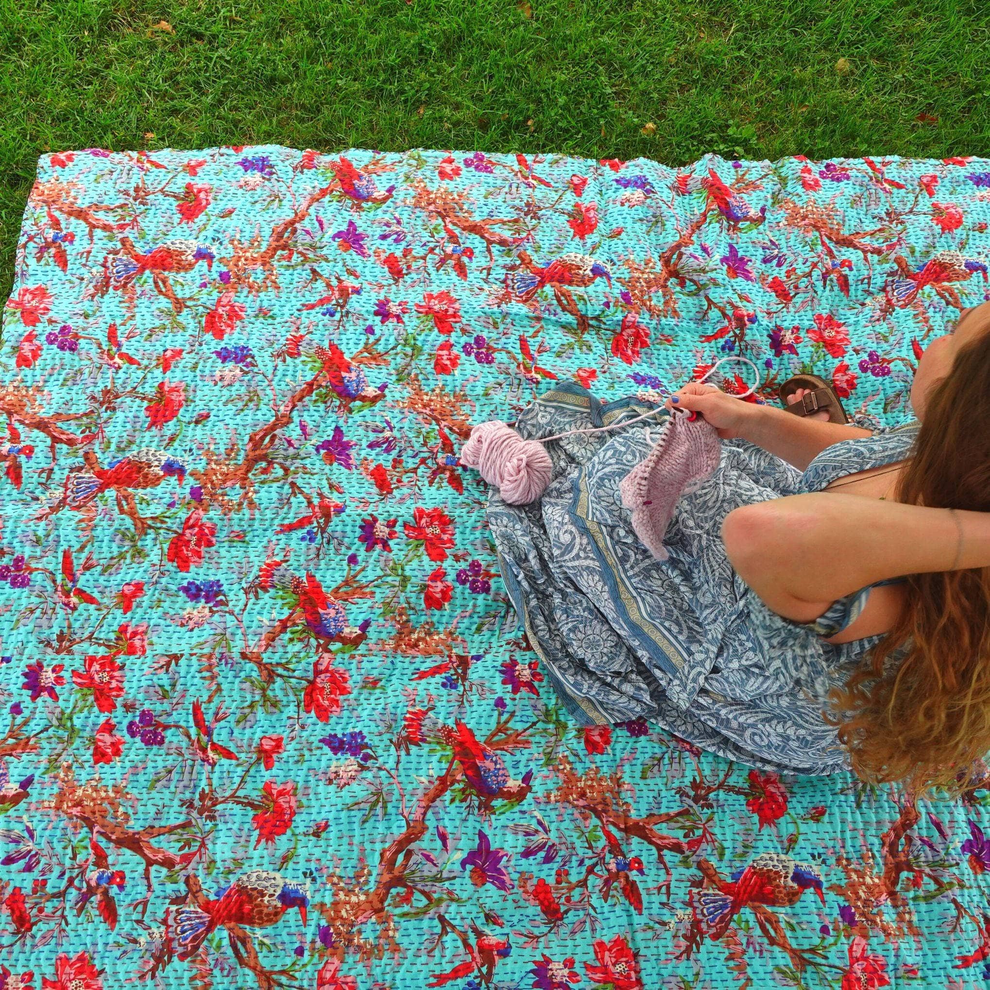 Handmade Kantha Quilt Blanket Throw Hand Stitched Indian Cotton Colorful Cozy Throw For Binge Watching Nights Darn Good Yarn