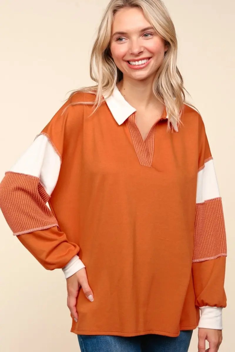 Haptics Color Block Exposed Seam Long Sleeve Top For Women - Love Salve 
