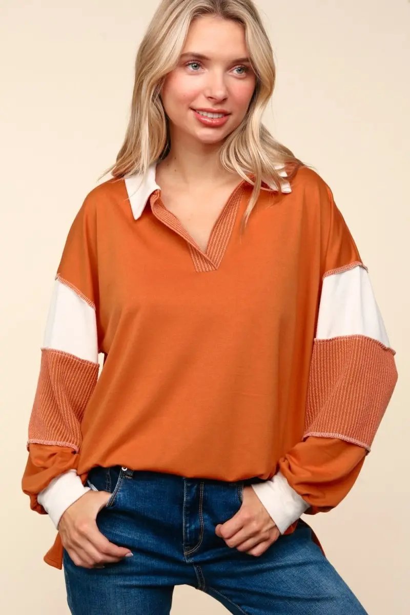 Haptics Color Block Exposed Seam Long Sleeve Top For Women - Love Salve 