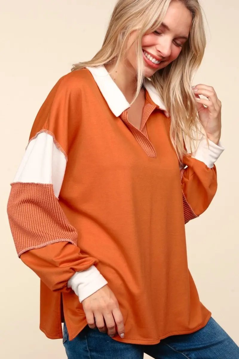 Haptics Color Block Exposed Seam Long Sleeve Top For Women - Love Salve 