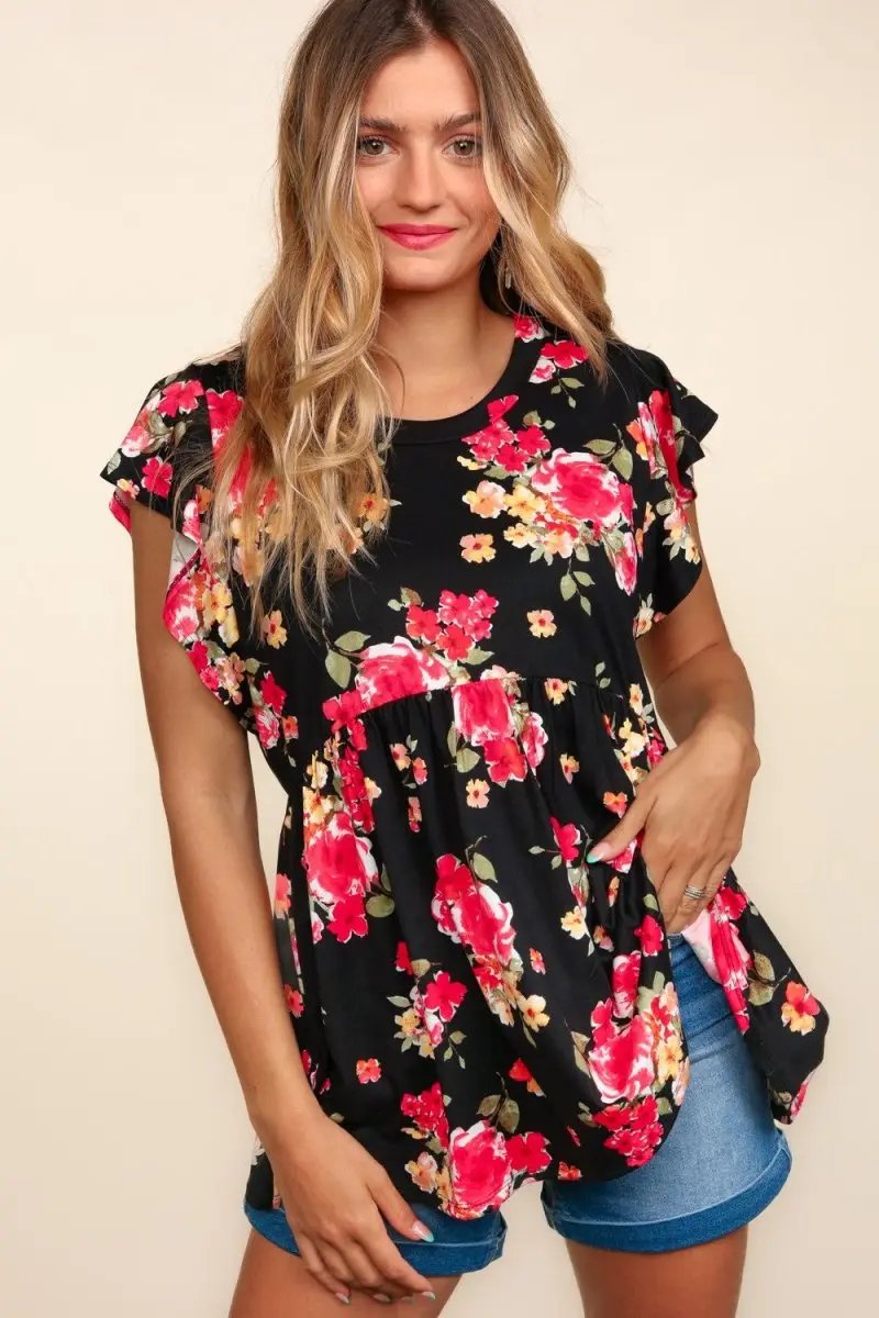 Haptics Floral Ruffle Short Sleeve Babydoll Top for Women - Love Salve 