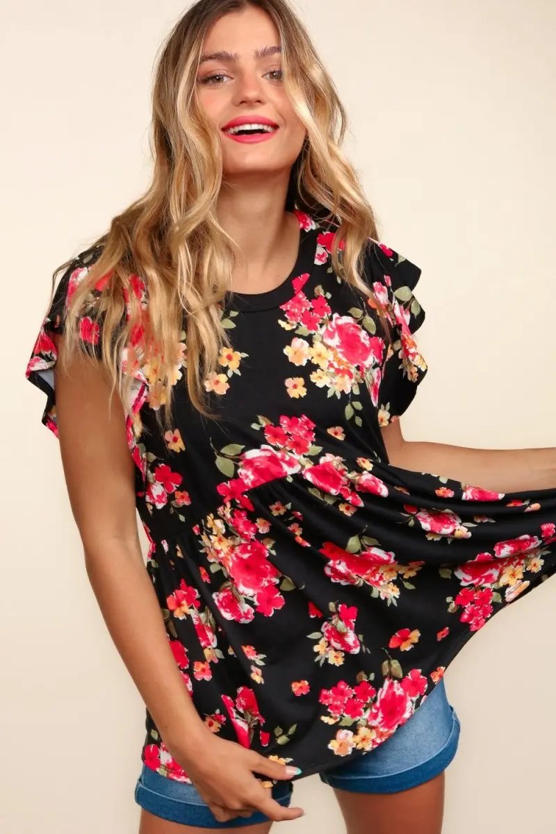Haptics Floral Ruffle Short Sleeve Babydoll Top for Women - Love Salve 