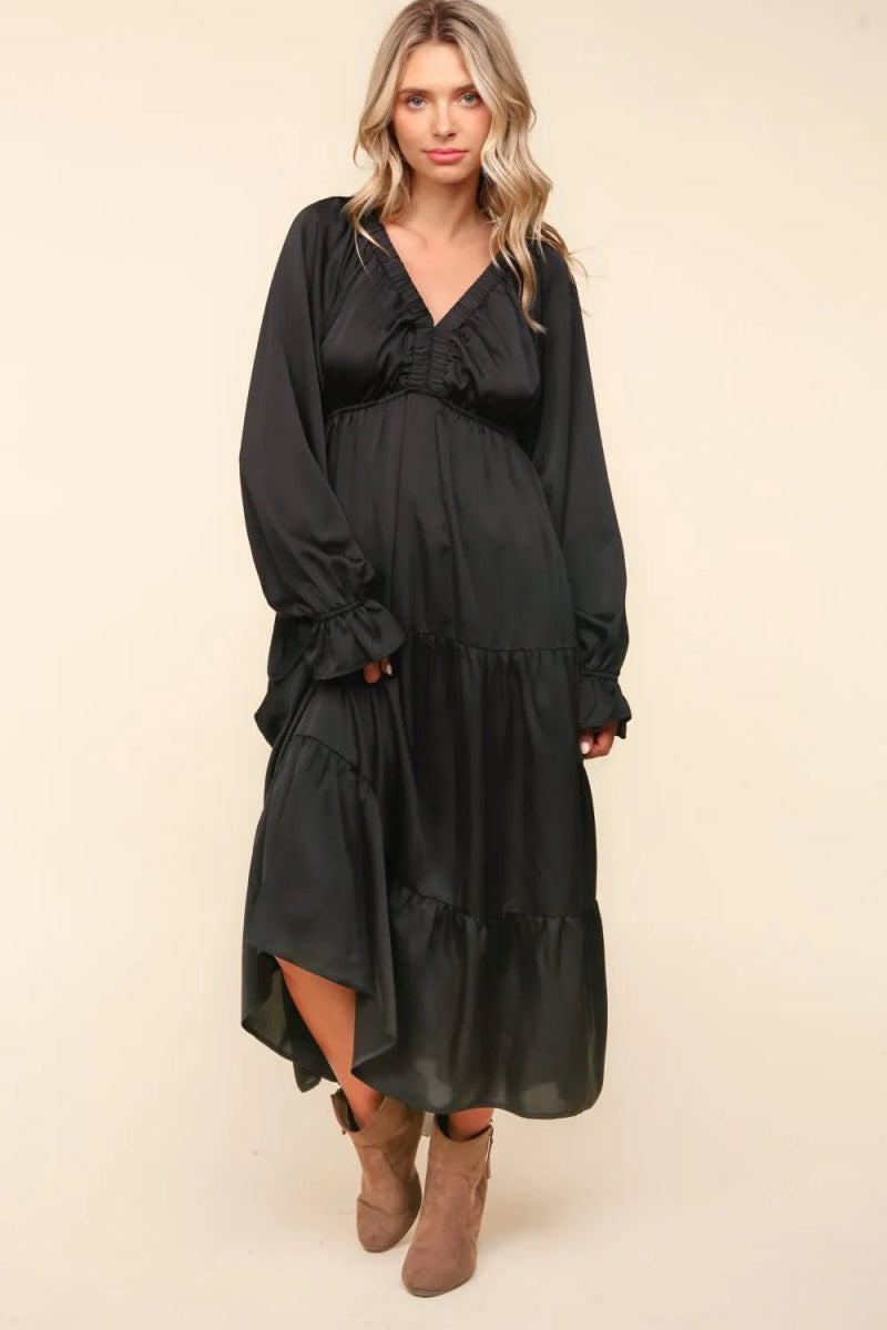Haptics Flounce Sleeve Tiered Midi Dress with Pockets - Love Salve