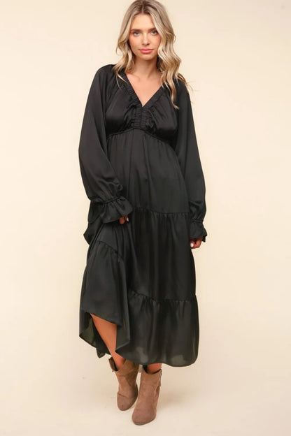 Haptics Flounce Sleeve Tiered Midi Dress with Pockets - Love Salve
