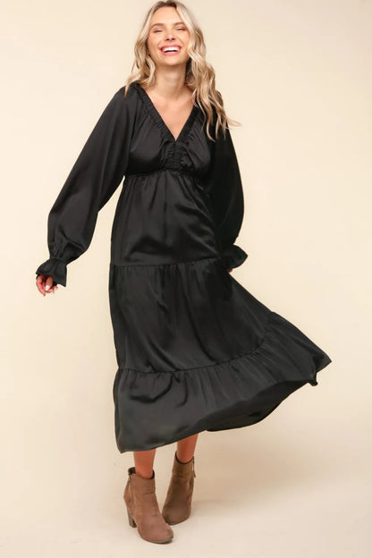 Haptics Flounce Sleeve Tiered Midi Dress with Pockets - Love Salve