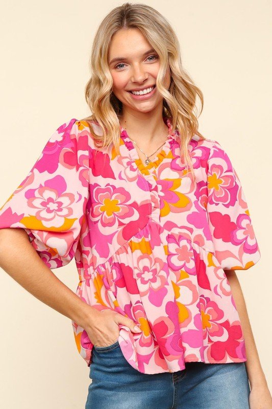 Haptics Full Size Frill Floral Puff Sleeve Blouse Women - Love Salve 
