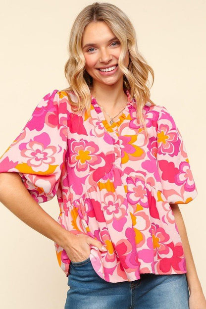 Haptics Full Size Frill Floral Puff Sleeve Blouse Women - Love Salve 