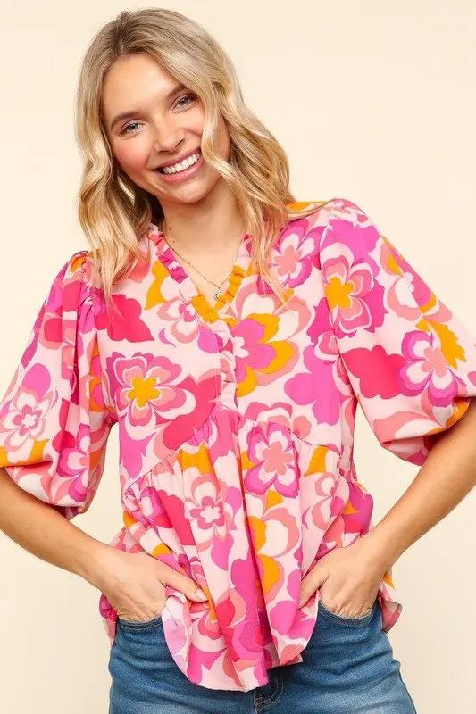 Haptics Full Size Frill Floral Puff Sleeve Blouse Women - Love Salve 