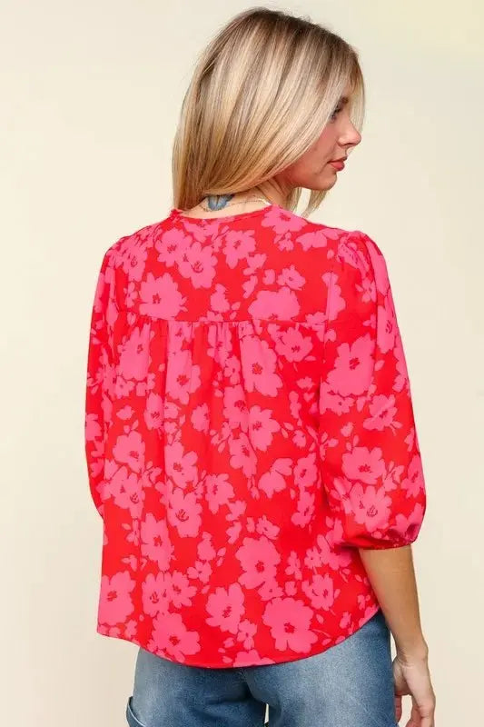 Haptics Full Size Ribbon Bow Floral Balloon Sleeve Blouse - Love Salve 