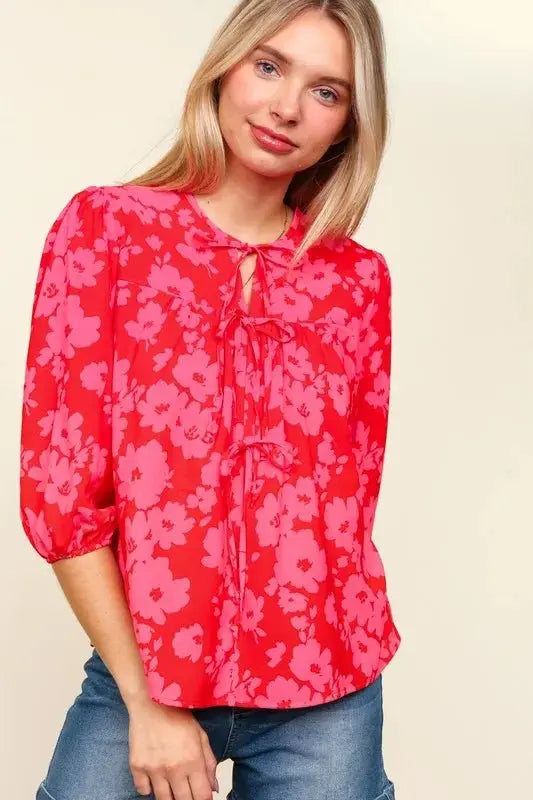 Haptics Full Size Ribbon Bow Floral Balloon Sleeve Blouse - Love Salve 
