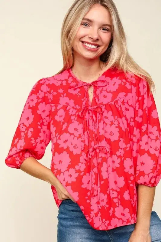 Haptics Full Size Ribbon Bow Floral Balloon Sleeve Blouse - Love Salve 