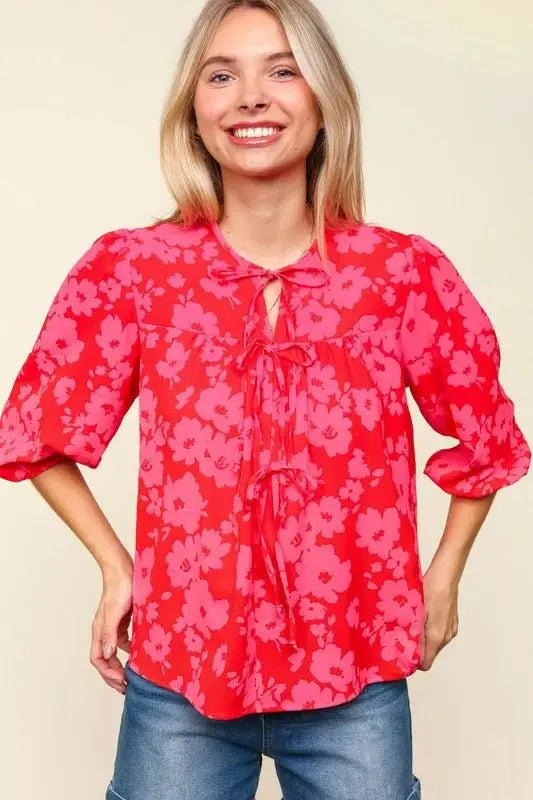 Haptics Full Size Ribbon Bow Floral Balloon Sleeve Blouse - Love Salve 