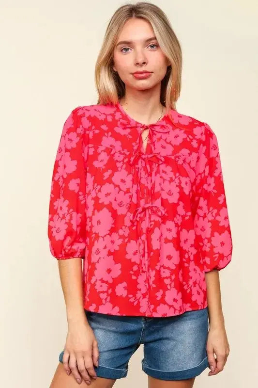 Haptics Full Size Ribbon Bow Floral Balloon Sleeve Blouse - Love Salve 