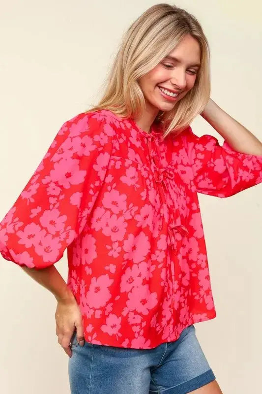 Haptics Full Size Ribbon Bow Floral Balloon Sleeve Blouse - Love Salve 