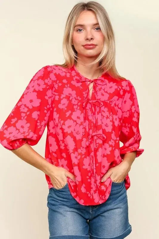 Haptics Full Size Ribbon Bow Floral Balloon Sleeve Blouse - Love Salve 