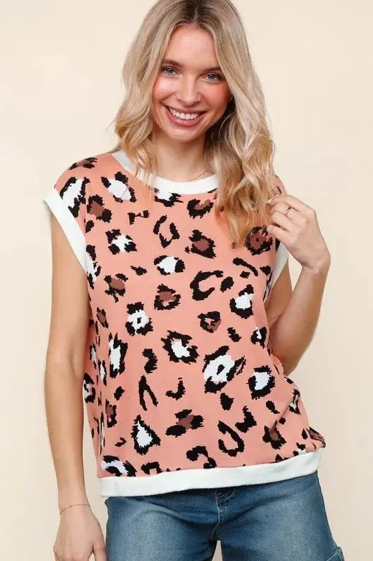 Haptics Leopard Print Dolman Cap Sleeve Knit Top for Women - Love Salve 