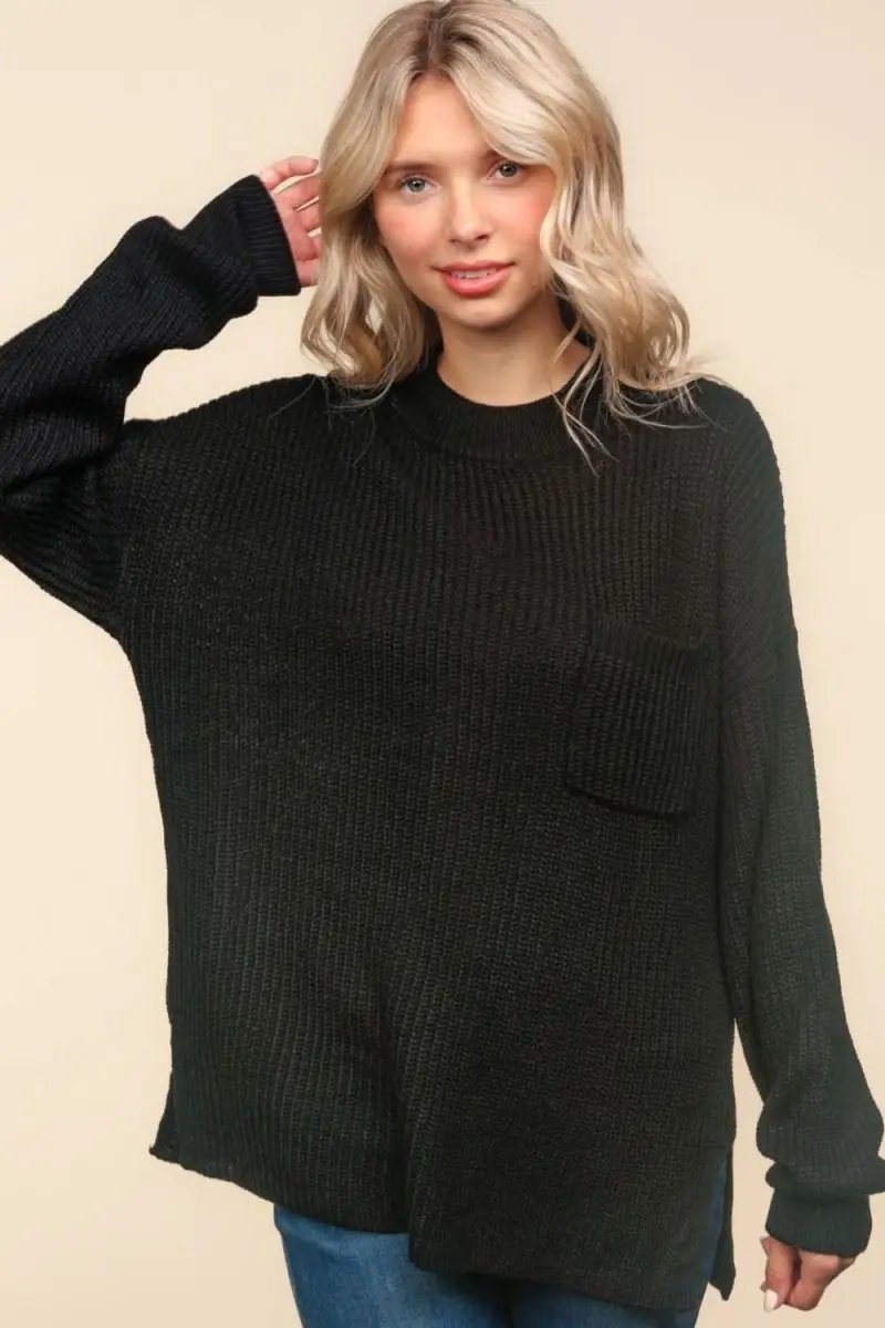 Haptics Mock Neck Side Slit Knit Top - Love Salve 