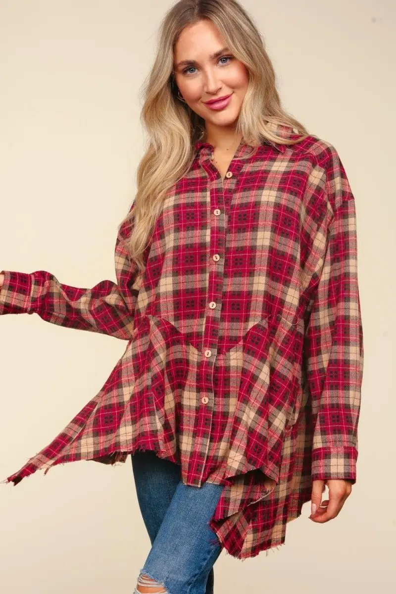 Haptics Plaid Button Down Sharkbite Shirt for Stylish Looks - Love Salve 
