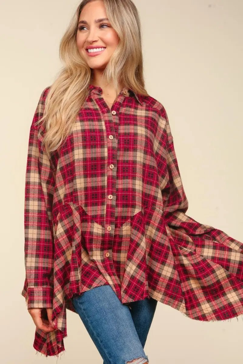 Haptics Plaid Button Down Sharkbite Shirt for Stylish Looks - Love Salve 