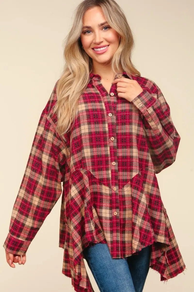 Haptics Plaid Button Down Sharkbite Shirt for Stylish Looks - Love Salve 